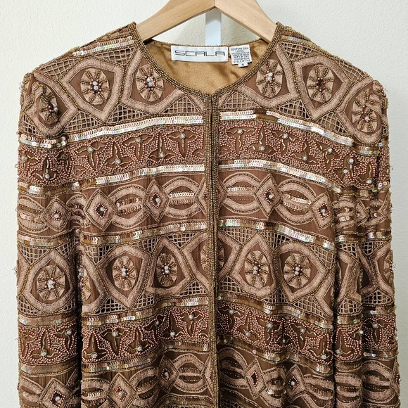 SCALA Vintage 100% Silk Beaded, Embroidered and Sequin Golden Brown Jacket Sz S - Picture 6 of 14
